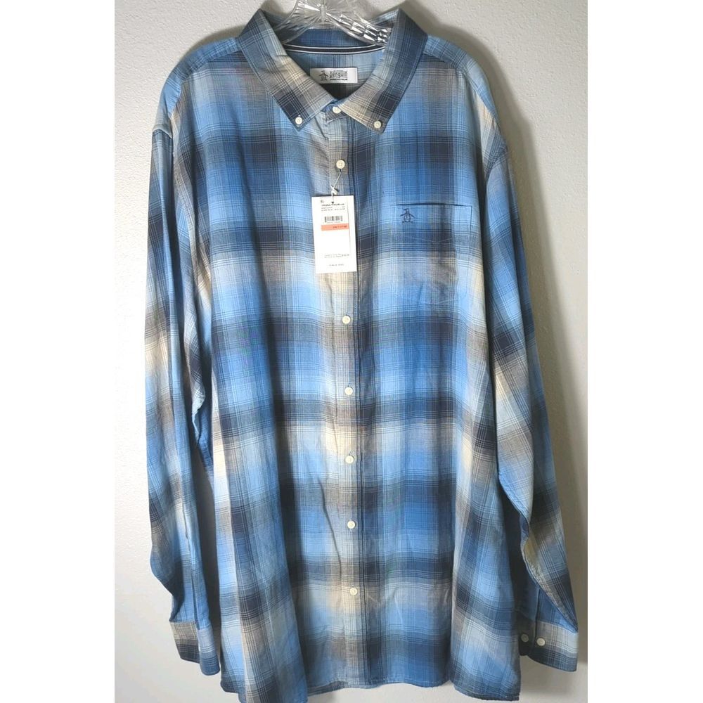 NWT Original Penguin 3XLT Mens Blue Plaid Long Sleeve Button Up Shirt 534
